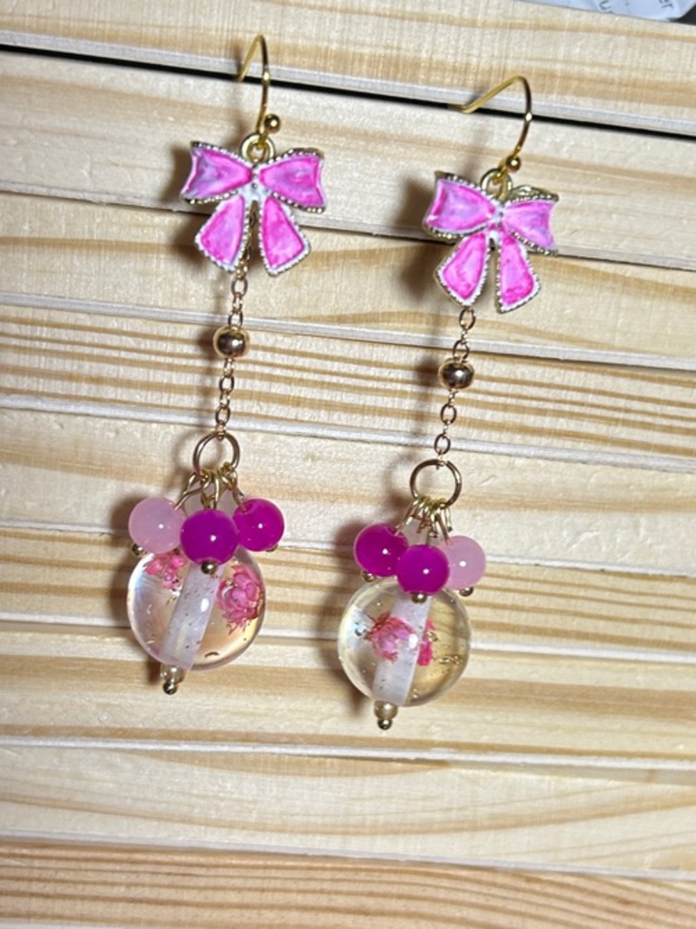 3/$25 Pink Floral Resin Drop Earrings with Gold Accents